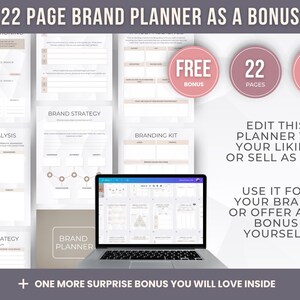 May include: A laptop displaying a brand planner with various pages, including SWOT analysis and brand strategy templates. The image also features text that says "22 Page Brand Planner as a Bonus" and "Edit this planner to your liking or sell as it is."