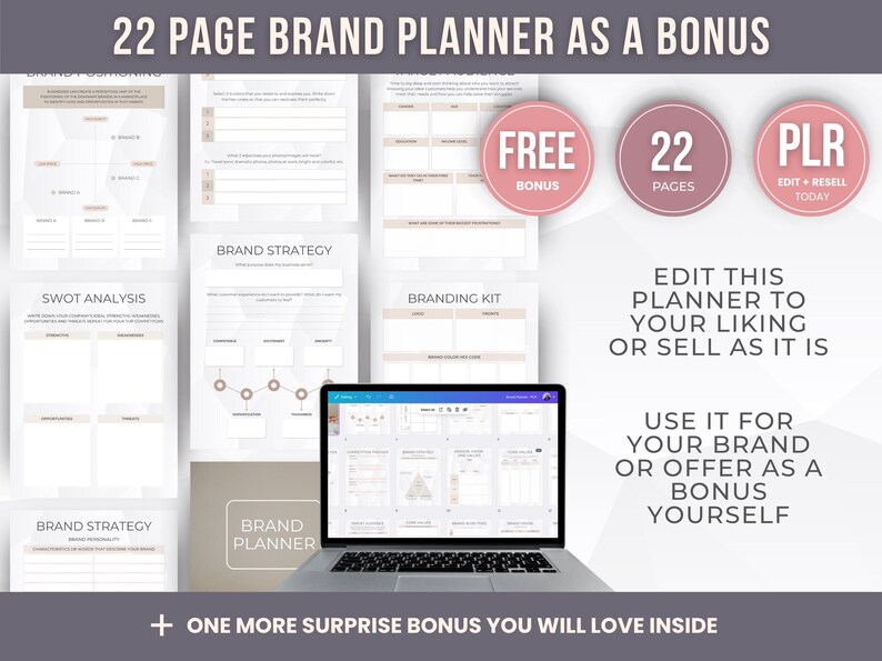 May include: A laptop displaying a brand planner with various pages, including SWOT analysis and brand strategy templates. The image also features text that says "22 Page Brand Planner as a Bonus" and "Edit this planner to your liking or sell as it is."