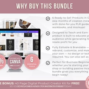 Pode incluir: An&uacute;ncio de um pacote de produtos digitais. A imagem mostra um ecr&atilde; de computador a exibir um produto digital, com o t&iacute;tulo "WHY BUY THIS BUNDLE". A imagem tamb&eacute;m inclui o texto "70% OFF TODAY!", "CUSTOMIZE WITH CANVA FREE ACCOUNT" e "6 ESSENTIAL TOOLS".