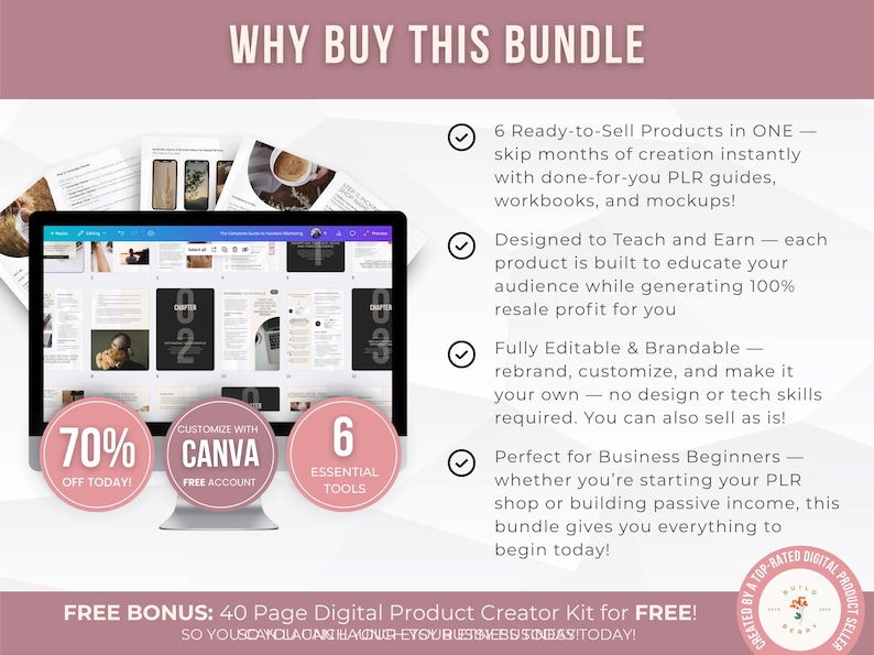 Pode incluir: An&uacute;ncio de um pacote de produtos digitais. A imagem mostra um ecr&atilde; de computador a exibir um produto digital, com o t&iacute;tulo "WHY BUY THIS BUNDLE". A imagem tamb&eacute;m inclui o texto "70% OFF TODAY!", "CUSTOMIZE WITH CANVA FREE ACCOUNT" e "6 ESSENTIAL TOOLS".