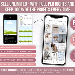 May include: Image showcasing a smartphone displaying an Instagram feed with various templates. Text includes "SELL UNLIMITED" and "KEEP 100% OF THE PROFITS." Additional text highlights "PLR," "70% OFF," and "128 TEMPLATES." The image promotes Etsy business templates.