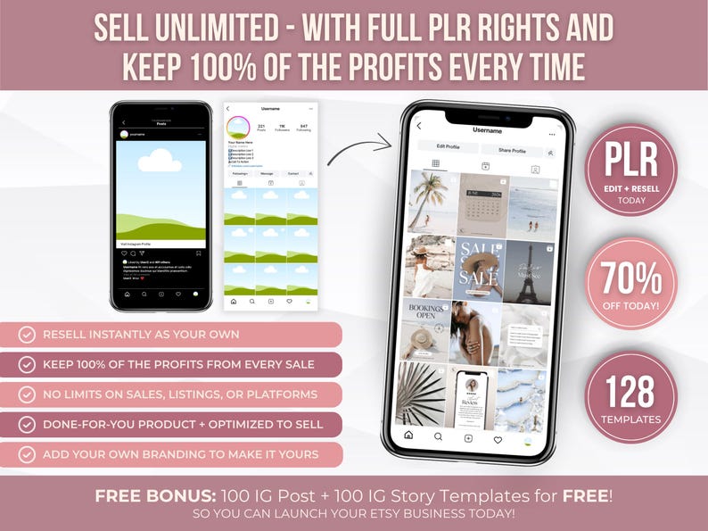 May include: Image showcasing a smartphone displaying an Instagram feed with various templates. Text includes "SELL UNLIMITED" and "KEEP 100% OF THE PROFITS." Additional text highlights "PLR," "70% OFF," and "128 TEMPLATES." The image promotes Etsy business templates.
