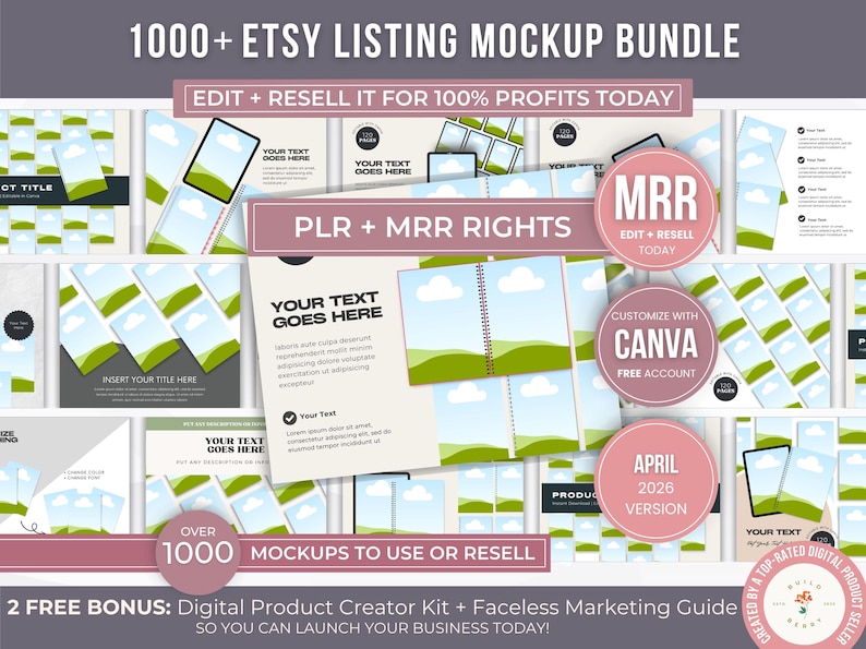May include: A promotional image for an Etsy listing mockup bundle. The image features various mockups with text overlays, including "1000+ Etsy Listing Mockup Bundle" and "Edit + Resell It for 100% Profits Today." Additional text includes "PLR + MRR Rights."