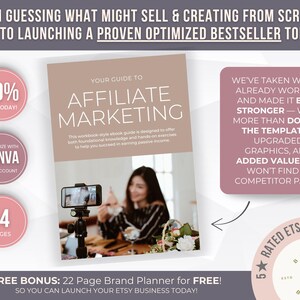 May include: A guide to affiliate marketing with the text "Your Guide to Affiliate Marketing". The cover is light brown with white text. The image includes a woman filming a video. Includes a free bonus and a 70% off today offer.