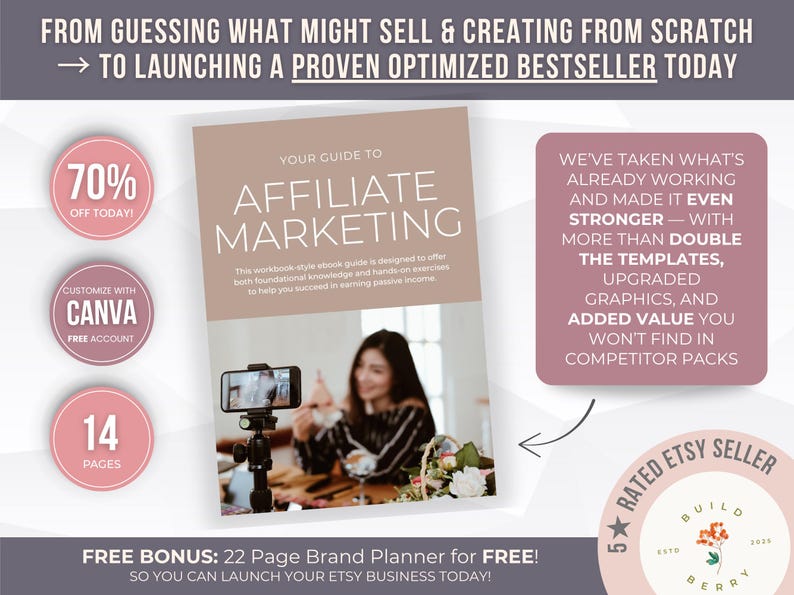 May include: A guide to affiliate marketing with the text "Your Guide to Affiliate Marketing". The cover is light brown with white text. The image includes a woman filming a video. Includes a free bonus and a 70% off today offer.