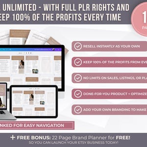May include: Digital product mockup featuring a laptop, tablet, and monitor displaying a 14-page document with the text "Sell Unlimited" and "Keep 100% of the Profits." Includes bullet points: Resell Instantly, Keep Profits, No Limits, Done-For-You, and Add Branding.