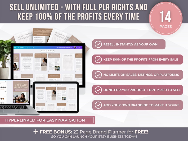 May include: Digital product mockup featuring a laptop, tablet, and monitor displaying a 14-page document with the text "Sell Unlimited" and "Keep 100% of the Profits." Includes bullet points: Resell Instantly, Keep Profits, No Limits, Done-For-You, and Add Branding.