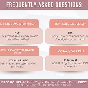 Pode incluir: Gr&aacute;fico de perguntas frequentes sobre produtos digitais com um esquema de cores em tons de malva e branco. O texto inclui perguntas e respostas sobre a venda de produtos digitais no Etsy, como demanda, habilidades de design e potencial de vendas. Uma oferta de b&ocirc;nus tamb&eacute;m est&aacute; inclu&iacute;da.