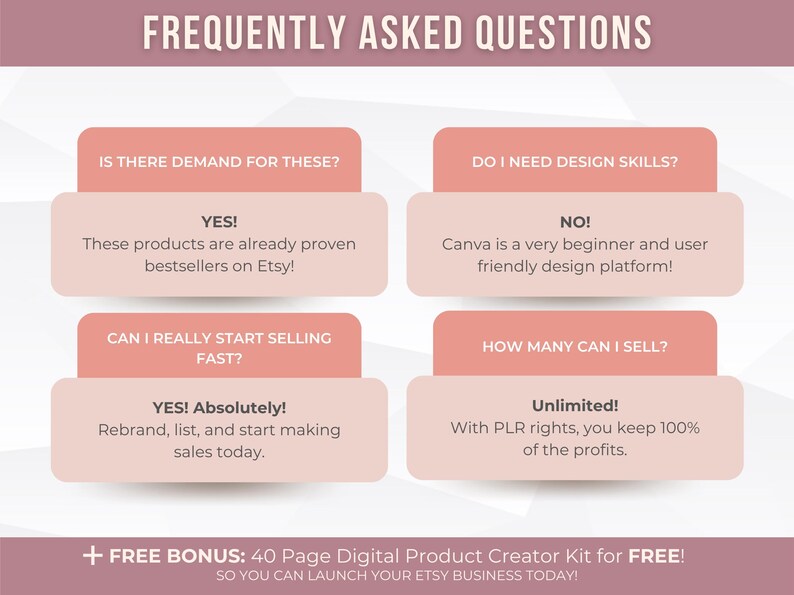 Pode incluir: Gr&aacute;fico de perguntas frequentes sobre produtos digitais com um esquema de cores em tons de malva e branco. O texto inclui perguntas e respostas sobre a venda de produtos digitais no Etsy, como demanda, habilidades de design e potencial de vendas. Uma oferta de b&ocirc;nus tamb&eacute;m est&aacute; inclu&iacute;da.