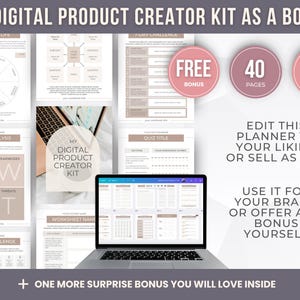 Pode incluir: Kit de cria&ccedil;&atilde;o de produtos digitais com um laptop exibindo um modelo de planejador. A imagem inclui planilhas, uma an&aacute;lise SWOT e um desafio de 30 dias. O texto inclui "FREE BONUS", "40 PAGES" e "PLR EDIT + RESELL TODAY".