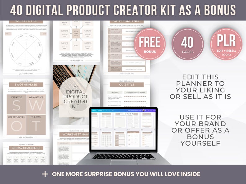 Pode incluir: Kit de cria&ccedil;&atilde;o de produtos digitais com um laptop exibindo um modelo de planejador. A imagem inclui planilhas, uma an&aacute;lise SWOT e um desafio de 30 dias. O texto inclui "FREE BONUS", "40 PAGES" e "PLR EDIT + RESELL TODAY".