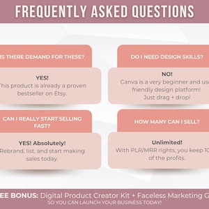 May include: A graphic with the title "FREQUENTLY ASKED QUESTIONS" in a dark pink font. The image contains questions and answers about selling digital products on Etsy, including demand, design skills, and sales potential. The image also mentions two free bonuses.