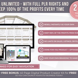 Pode incluir: Apresenta&ccedil;&atilde;o de um produto digital em um laptop, tablet e computador desktop. A imagem inclui o texto "SELL UNLIMITED - WITH FULL PLR RIGHTS AND KEEP 100% OF THE PROFITS EVERY TIME". O texto "215 PAGES TOTAL" tamb&eacute;m est&aacute; presente.