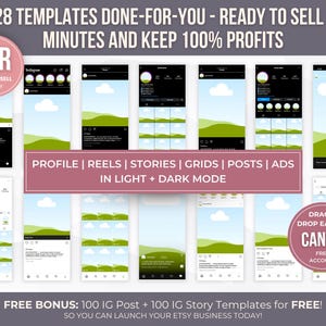 May include: A promotional image showcasing Instagram templates. The image includes mockups of Instagram posts, stories, and profile layouts. Text on the image reads "128 Templates Done-For-You" and "Drag & Drop Easy in Canva". The color scheme is primarily white, green, and black.