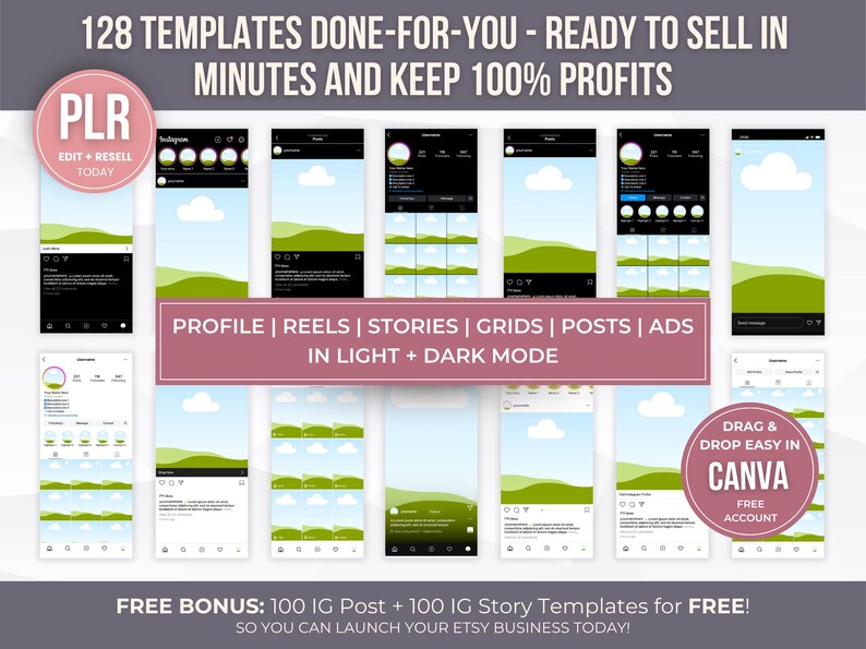 May include: A promotional image showcasing Instagram templates. The image includes mockups of Instagram posts, stories, and profile layouts. Text on the image reads "128 Templates Done-For-You" and "Drag & Drop Easy in Canva". The color scheme is primarily white, green, and black.
