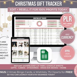 May include: A digital Christmas Gift Tracker displayed on a computer monitor and tablet. The image includes text such as "Christmas Gift Tracker", "Edit + Resell", and "Instant Download". The color scheme is primarily pink and white.