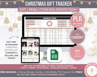 PLR Christmas Gift Tracker Google Sheets Spreadsheet Template, Editable Xmas Wishlist Gift Tracker, Holiday Gift Organizer Resell Rights PLR