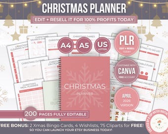 Editable Christmas Planner and Holiday Organizer PLR Bundle Canva Template, Xmas Organizer Bundle for Resale, Festive Holiday Journal Kit
