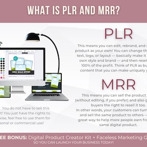 May include: Image explaining PLR and MRR concepts. A desktop computer, laptop, and tablet display digital content. Text includes "What is PLR and MRR?" and definitions for PLR and MRR, along with a note about usage rights and bonus offers.