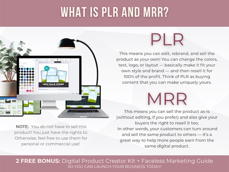 May include: Image explaining PLR and MRR concepts. A desktop computer, laptop, and tablet display digital content. Text includes "What is PLR and MRR?" and definitions for PLR and MRR, along with a note about usage rights and bonus offers.