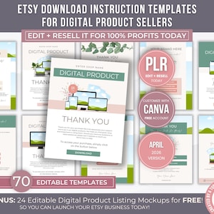 Paquete de 70 plantillas de instrucciones de descarga de Etsy con PLR, plantilla de instrucciones de descarga editable para tienda de Etsy, instrucciones de enlace de descarga de Canva