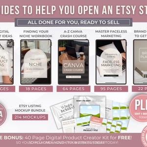 Pode incluir: Imagem que promove guias para lojas Etsy. Inclui guias sobre ideias de produtos digitais, cadernos de nicho, cursos intensivos Canva, marketing sem rosto e planejamento de marca. Tamb&eacute;m apresenta um pacote de mockups de listagens Etsy e um kit gratuito de cria&ccedil;&atilde;o de produtos digitais.