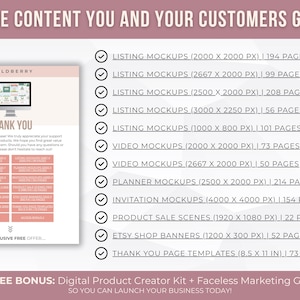 May include: A digital product graphic with a pink and white color scheme. The image lists various digital product mockups, including listing mockups, video mockups, planner mockups, and invitation mockups. The text also includes a thank you message and bonus offers.