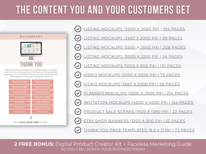 May include: A digital product graphic with a pink and white color scheme. The image lists various digital product mockups, including listing mockups, video mockups, planner mockups, and invitation mockups. The text also includes a thank you message and bonus offers.