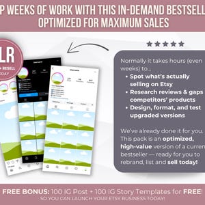 May include: An advertisement promoting an Etsy business package. The image features mockups of Instagram profiles and stories, along with text highlighting the benefits of the package, such as saving time and optimizing sales. The text includes "PLR EDIT + RESELL TODAY".