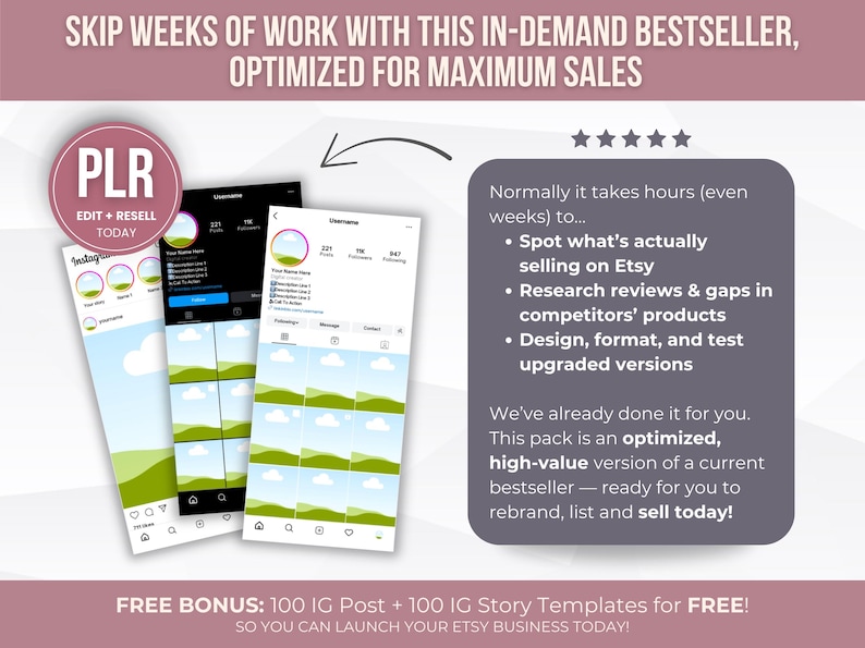 May include: An advertisement promoting an Etsy business package. The image features mockups of Instagram profiles and stories, along with text highlighting the benefits of the package, such as saving time and optimizing sales. The text includes "PLR EDIT + RESELL TODAY".