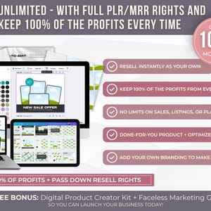 May include: A promotional image with the text "SELL UNLIMITED" and "KEEP 100% OF THE PROFITS." It features a laptop, tablet, and desktop computer displaying mockups. The image also includes a pink circle with the text "OVER 1000 MOCKUPS."
