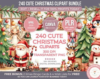 240 Watercolor Cute Christmas Clipart Bundle, Editable Christmas Canva PNG, Festive Holiday Elements, Xmas Clipart PLR Resell Rights