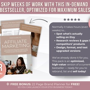 May include: A promotional image for an affiliate marketing guide. The image features a guide titled "Your Guide to Affiliate Marketing" with additional pages and a woman on a video call. A pink circle says "PLR Edit + Resell Today".