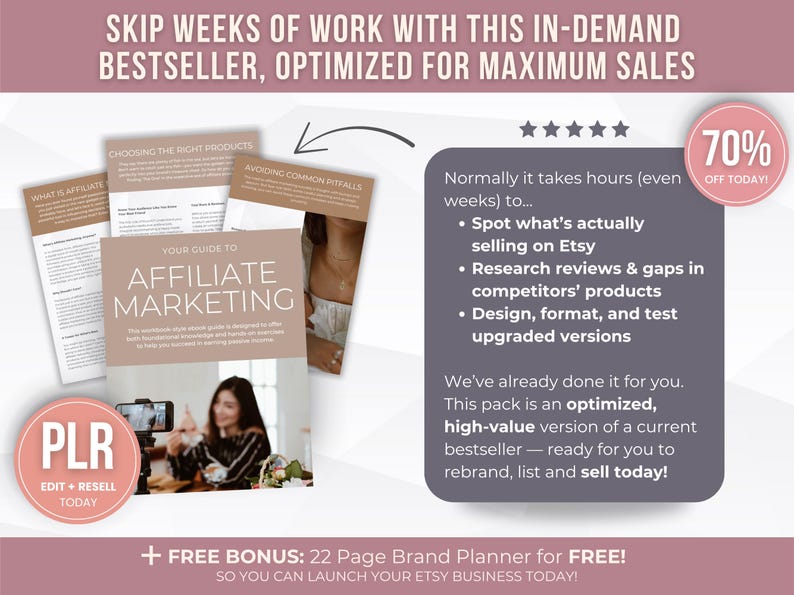May include: A promotional image for an affiliate marketing guide. The image features a guide titled "Your Guide to Affiliate Marketing" with additional pages and a woman on a video call. A pink circle says "PLR Edit + Resell Today".