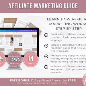 May include: A digital marketing guide titled "Affiliate Marketing Guide" with a computer screen displaying example pages. The guide includes interactive pages, examples, and a free bonus. The image also shows a 70% off promotion.