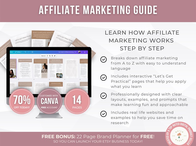 May include: A digital marketing guide titled "Affiliate Marketing Guide" with a computer screen displaying example pages. The guide includes interactive pages, examples, and a free bonus. The image also shows a 70% off promotion.