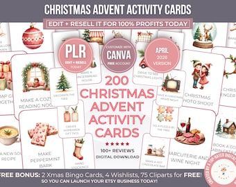 PLR Editable Advent Activity Cards Canva Template, Christmas Activity Cards Kit for Resellers PLR, Reusable Advent Traditions, Resell Rights