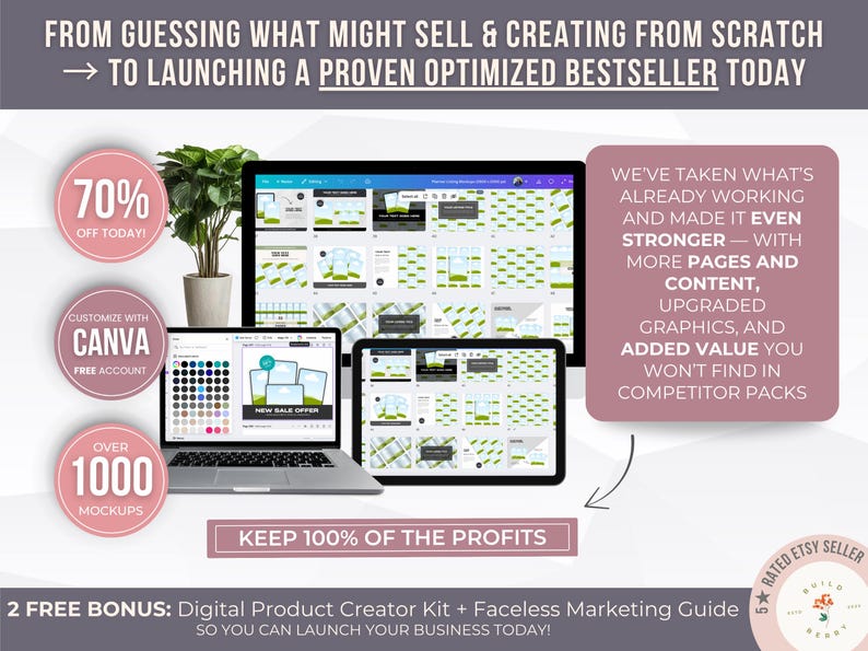 May include: Image showcasing a digital product creator kit with a laptop, tablet, and monitor displaying mockups. Text includes "70% off today," "Customize with Canva," and "Over 1000 mockups." The kit promises to help launch a bestseller.