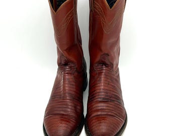 Botas vaqueras vintage Justin para hombre, talla 10 D, de piel de lagarto, color marrón coñac, punta redonda.