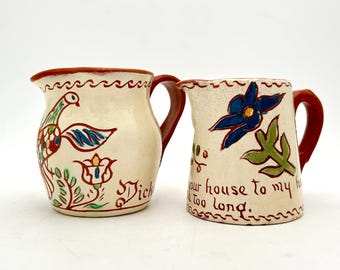 Vintage Hand Painted Ceramic Pitcher Set Folk Art Artist Signed