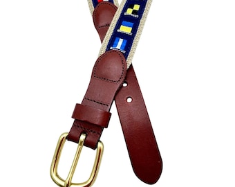 Nautical Signal Flag Canvas Belt Brown Leather Brass Buckle Preppy Sailing 40