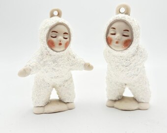 1970's Vintage Porcelain Snow Babies Pair White Glitter 3"H Christmas Ornaments
