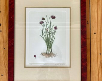 Barbie Tidwell vintage firmada, número 252/750, grabado de cebollino, arte botánico, enmarcado.