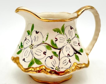 Vintage Kurzius Purinton Pottery Dogwood Creamer Pitcher Gold Trim Made in USA