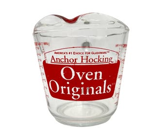 Vaso medidor de vidrio vintage Anchor Hocking Originals de 2 tazas (16 oz) con letras rojas y transparente.