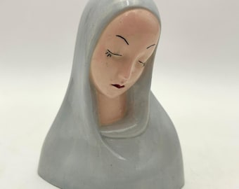 Busto de cerámica vintage de la Virgen María azul de 5 pulgadas, molde holandés numerado 22