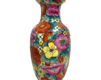 Jarrón de porcelana china Millefleur vintage de 8,5 pulgadas con mil flores doradas