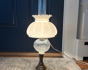 Vintage Pressed Clear Glass Electric Hurricane Lamp Marble Base and Cream Puff Milk Glass Shade