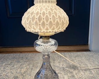 Vintage American Lamp Victorian Style Clear Pressed Glass Base and Milk Glass Cream Puff Shade