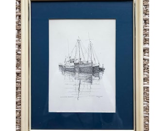 Clark M Goff Gloucester Draggers 1974 Pen and Ink Nautical Print Framed Art